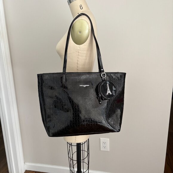 Karl Lagerfeld Paris Logo Tote Handbag with Coin Purse Black Patent Leather - Picture 1 of 16